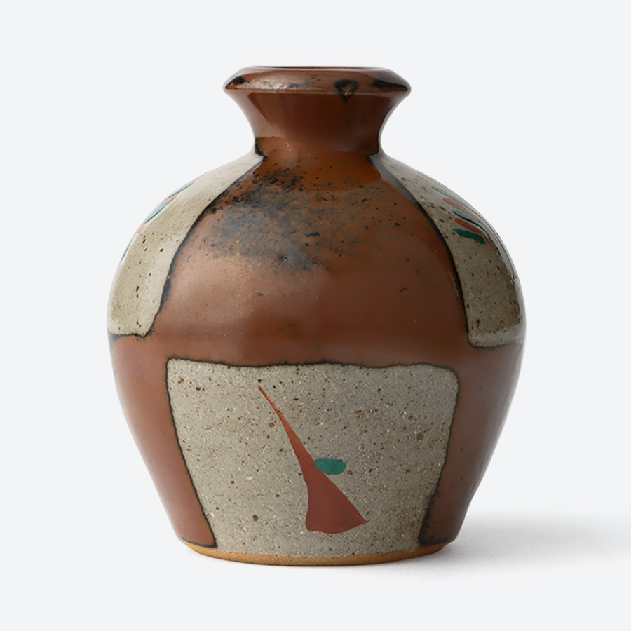 ＜濱田友緒＞濱田窯　柿釉市松赤絵花瓶